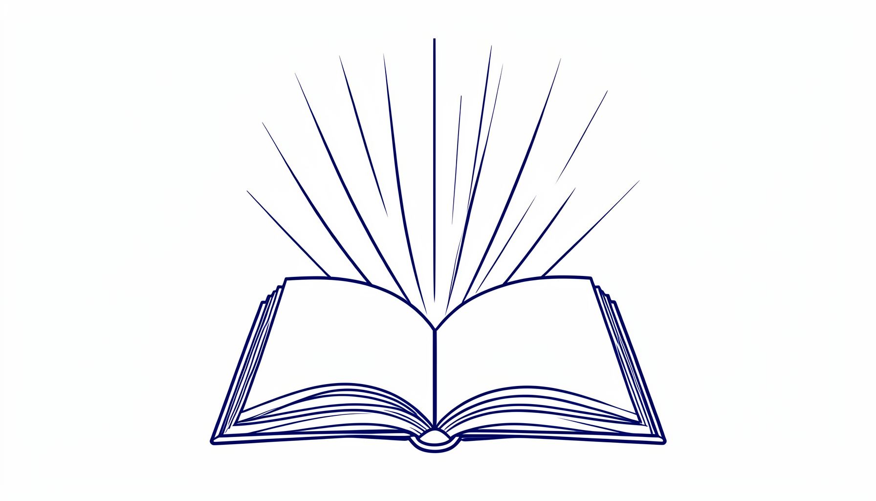 Simple line drawing of an open book with rays of light emanating upward, in deep navy blue on white